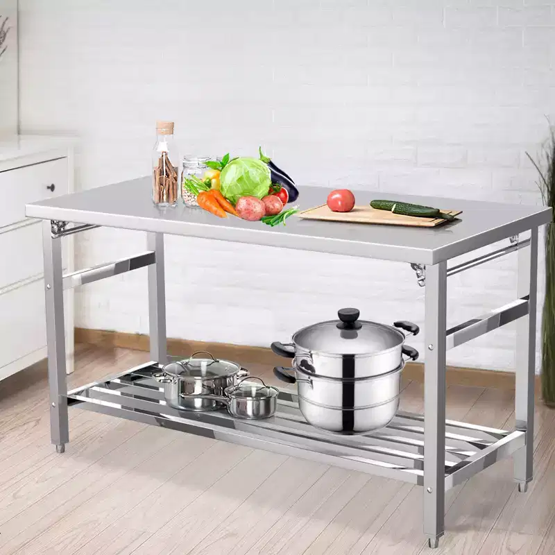 Stainless Steel Work Table for Commercial Kitchen - Foldable Prep Table with Adjustable Shelf, Food Grade Metal Workbench for Restaurant, Home