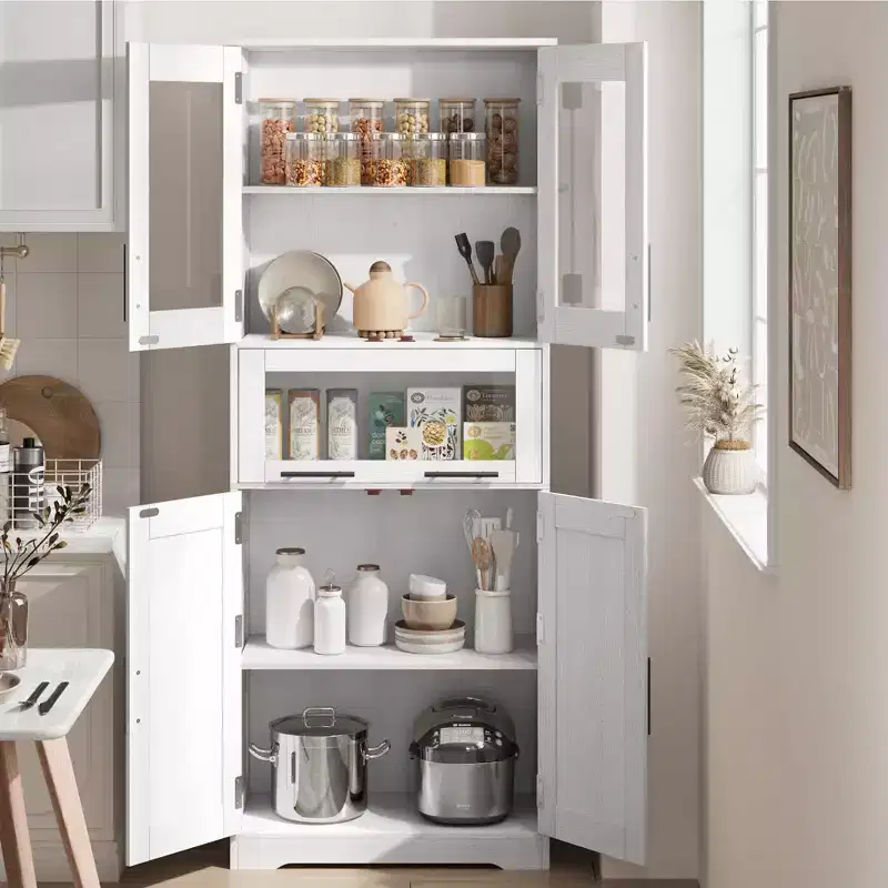 GustoWave Tall Bathroom Storage Cabinet with Glass Doors and Adjustable Shelf, Pantry Cabinet, Freestanding Cupboard Tall Cabinets for Laundry Room