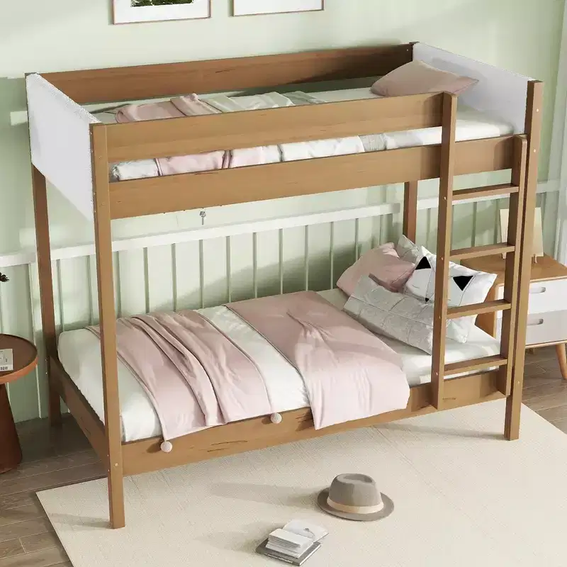 Modern Rubberwood Twin Over Twin Bunk Bed with Boucle Upholstered Headboard & Footboard