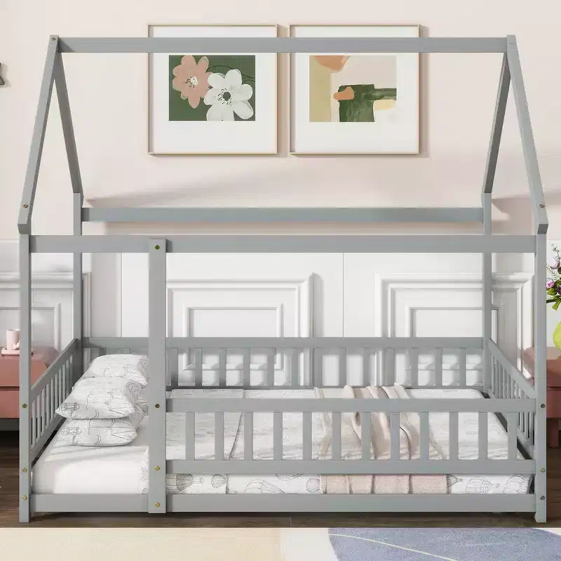 Whisen Full Size Bed & Floor Bed, Wooden Structure with Fence Design for Safe & Imaginative Sleep Spaces For Children