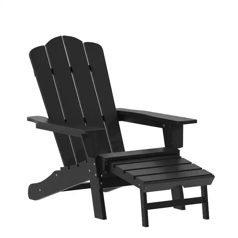 Emma and Oliver Set of 2 Adirondack Chairs with Cup Holders and Pull Out Ottoman, All-Weather HDPE Indoor/Outdoor Lounge Chairs