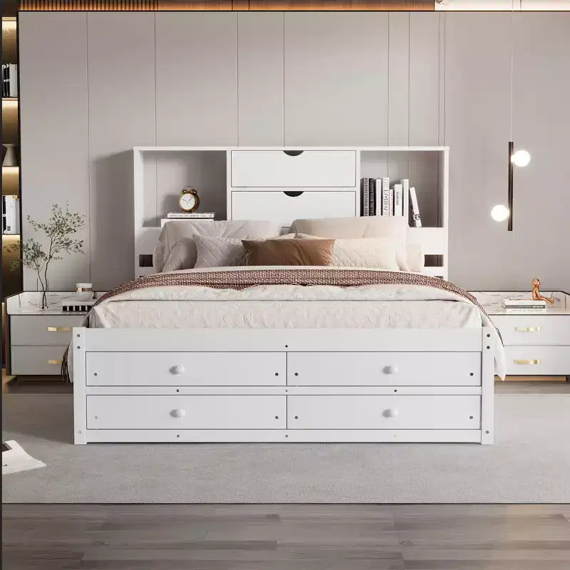 Queen Size Platform Bed with Storage Shelf and 8 Drawers, Easy Assembly