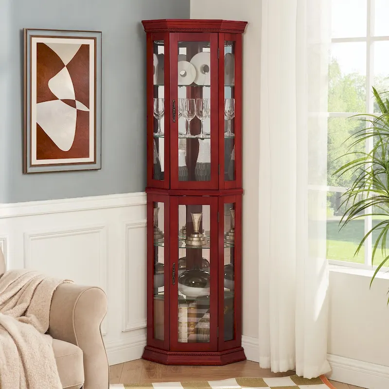 Curio Cabinet Lighted Corner Display, Glass Shelf Shelving Bar with Tempered Door,with Adjustable Cabinet Shelves Bead Bulb