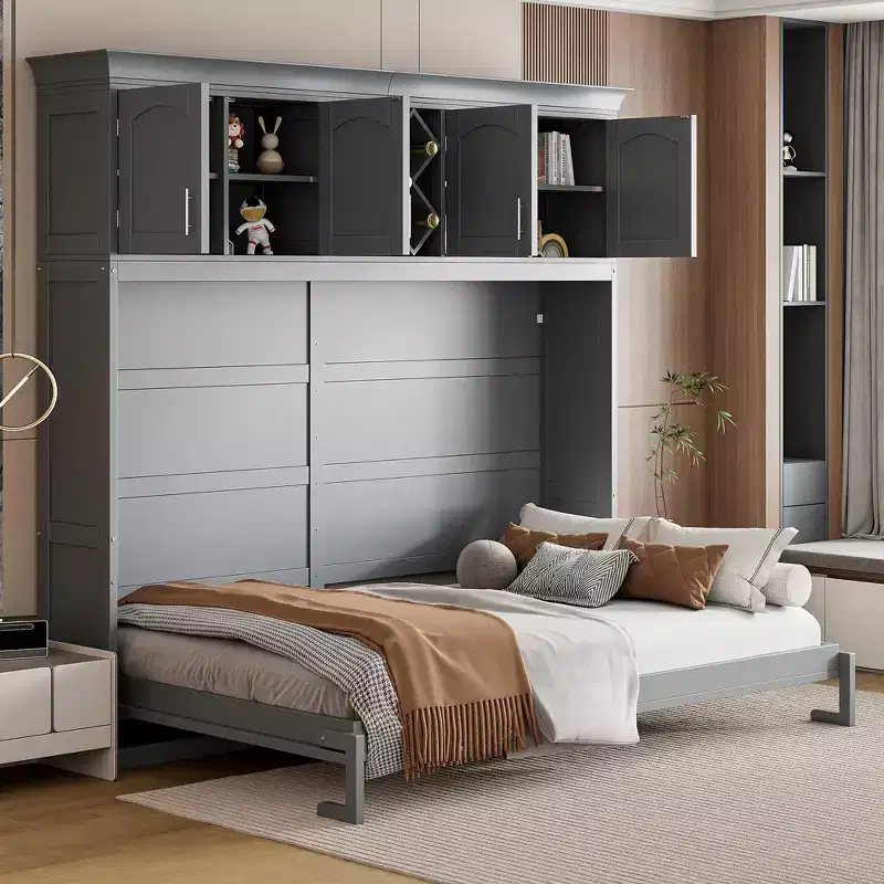 CLIHOME Queen Size Murphy Bed Wall Bed with Top Cabinets & Wine Rack