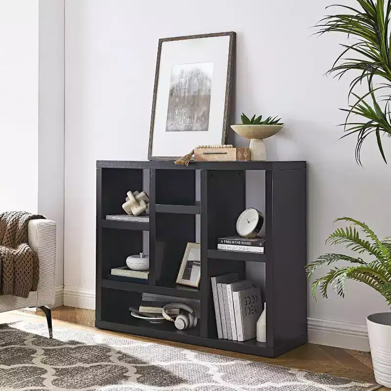 Acekool 7-Cube Bookcase, Modern Wood Storage Organizer, 3-Shelf Open Cube Display Cabinet for Kids Room, Entryway, Living Room, Natural