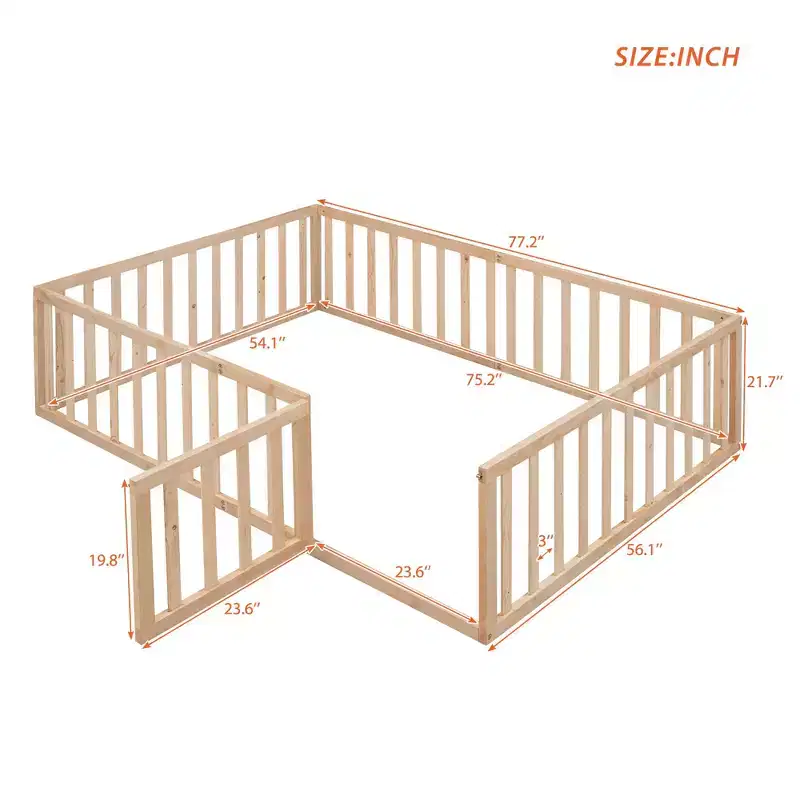 Luxystar Full Size Wooden Floor Bed Frame with Fence and Door