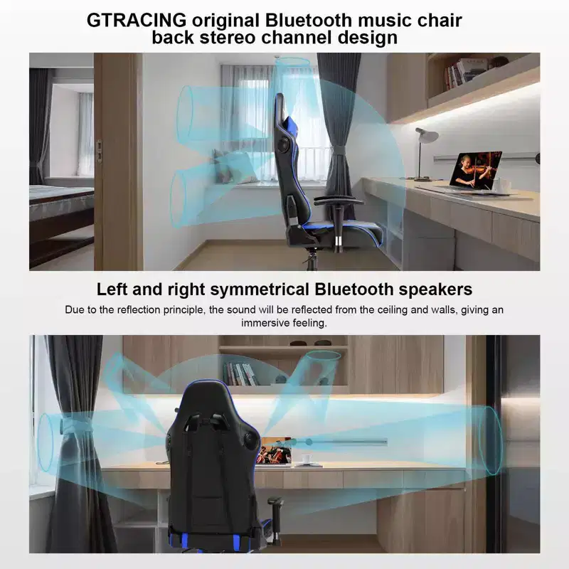 GTRACING Gaming Chair with Bluetooth Speakers High Back PU Office Chair Blue