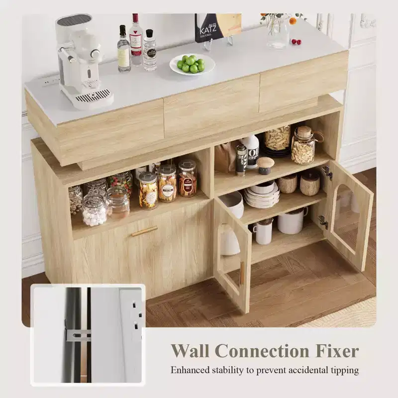 Wood Coffee Bar Cabinet with 3 Drawers & Adjustable Shelf - Kitchen Storage Sideboard Buffet Table for Dining Room, Living Room & Kitchen