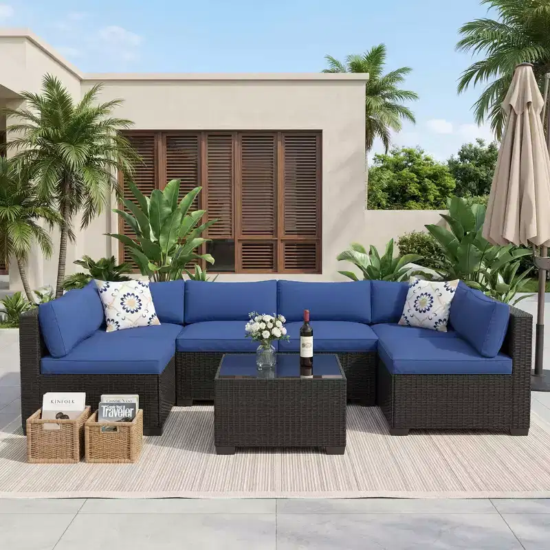 7-Piece Outdoor Patio Sofa Chair Set,Durable Iron Frame Brown Gradient Wicker Sectional with Soft Cushions,Conversation Set for Patio,Garden,Backyard