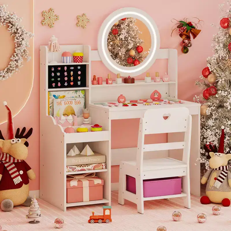 Costway Kids Vanity Table Set w/ Lighted LED Mirror Princess Dressing Table w/ Chair White