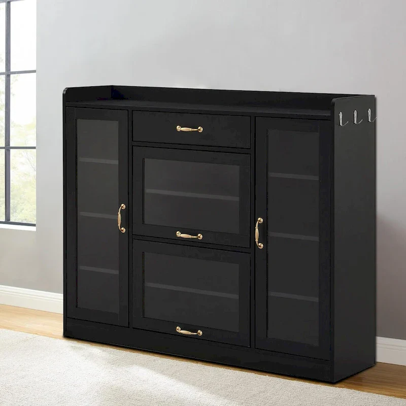 White & Black Shoe Storage Cabinet with Glass Doors & Gold Handles