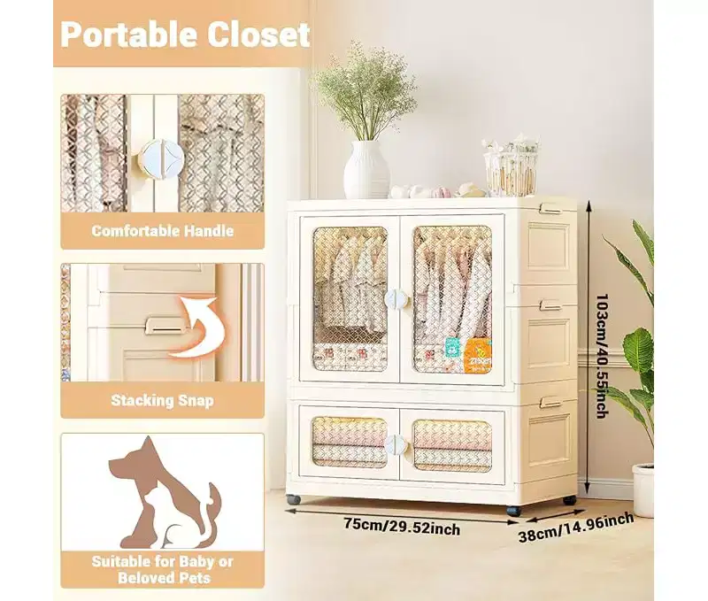 Storage Box with Wheels, 103 cm, Folding Wardrobe with Hanging Rail, 2 Stackable Boxes, Wardrobe with Double Doors for Home and Office