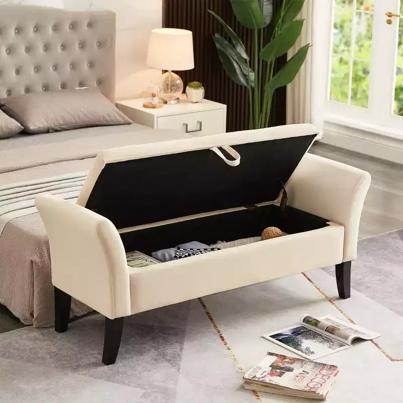 51.5 upholstered storage bench with button-tufted seat & safety hinge, luxury shoe bench for entryway, bedroom, or end of bed, beige.