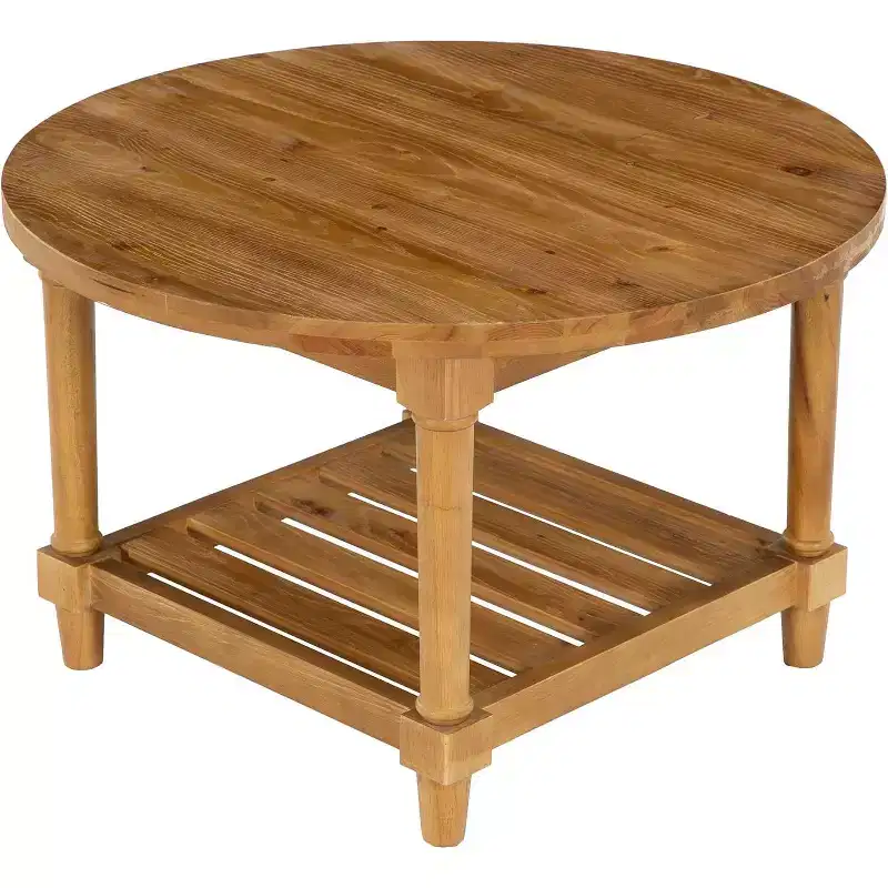 31.5 Inch Round Farmhouse Coffee Table, 2-Tier Solid Fir Wood, 300 lb, Rustic Brown