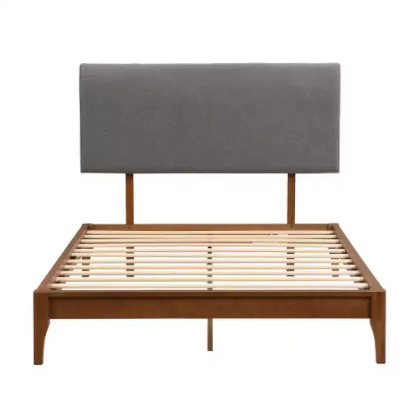 Full Size Solid Dry Bamboo Wood 12 Inch Platform Bed, with Gray Curved Upholstered Adjustable Headboard, Easy Assembly