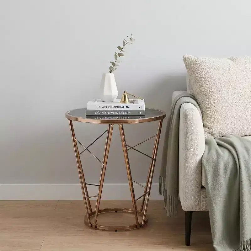 HomeRoots 24 Champagne And Black Faux Marble Glass And Metal Round End Table