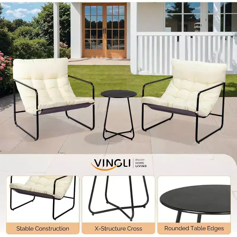 VINGLI 3 - Piece Patio Chair Set with Side Table, Outdoor/Indoor Chairs with Thick Cushions, Heavy Duty 400 LBS Capacity, White