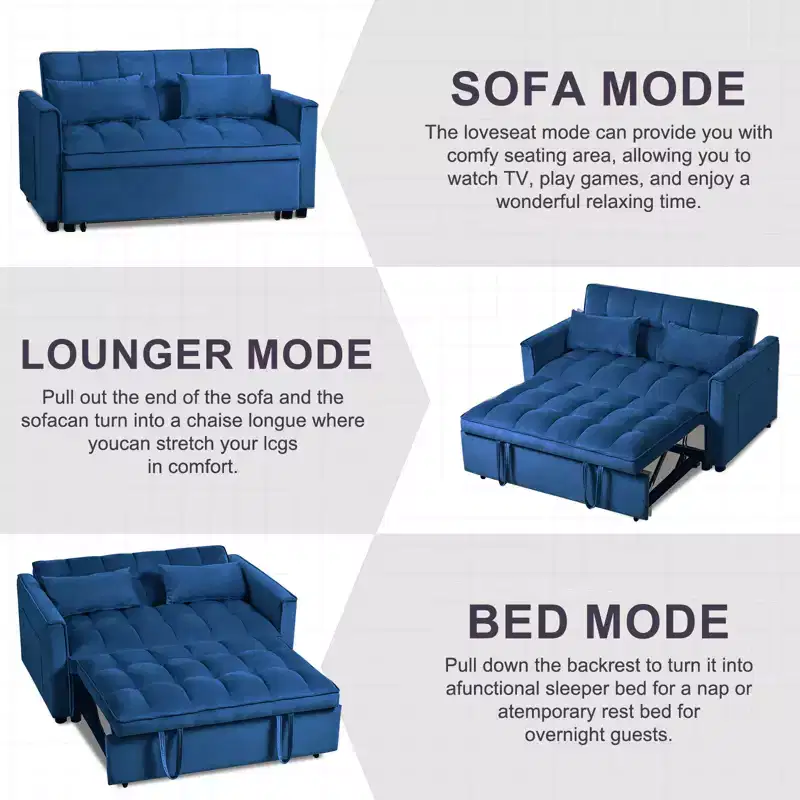 Convertible Modern Pull Out Couch Sleeper Loveseat, Velvet Bed with Adjustable Backrest and Pillow Pockets for Living Room, Blue