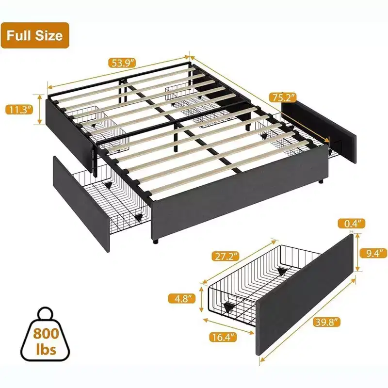 Upholstered Platform Bed Frame with 4 Storage Drawers, Platform Bed Frame with Mattress Foundation Strong Wooden,No Box Spring Needed