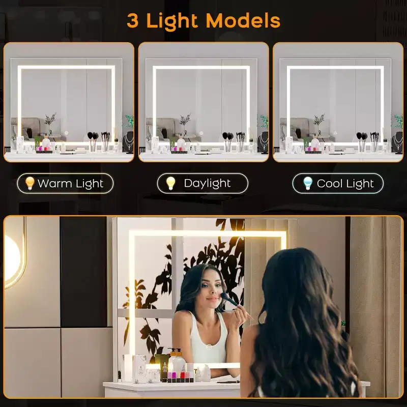 Acekool Makeup Vanity Desk with Lighted Mirror, Power Outlet, Stool, and 4 Drawers, Large Vanity Table for Bedroom or Dressing Room