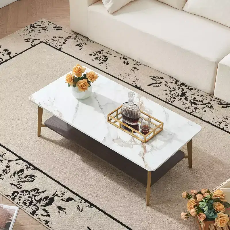 TUYOHW 2-Tier Coffee Table for Living Room,47.2 Rectangular Center Table for Living Room,Wooden Side Table with Metal Frame,White/Gold