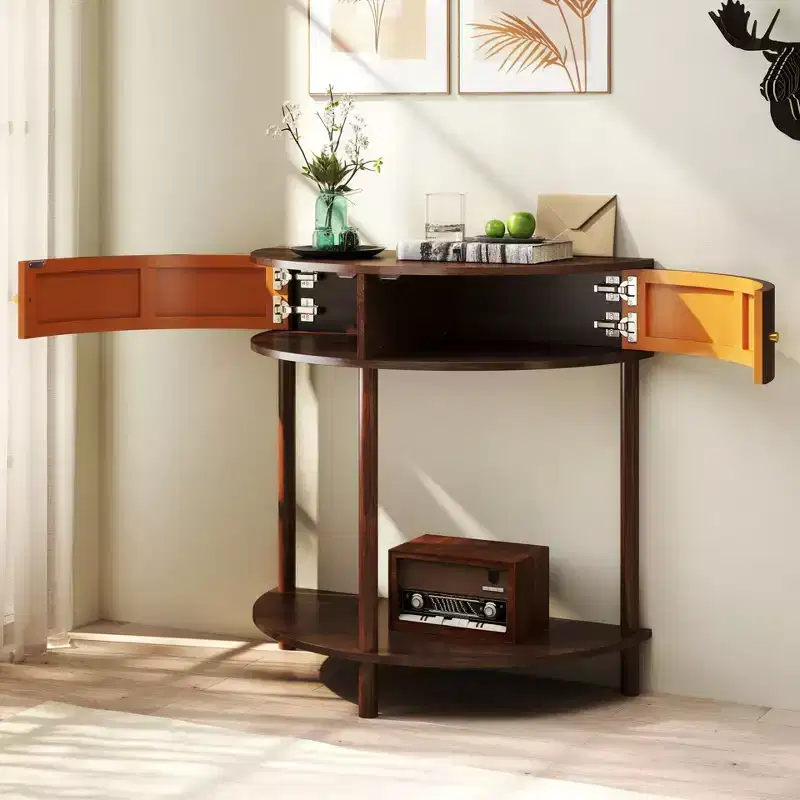 TUYOHW Wave-Pattern Half Moon Console Table,Entryway Table with 2 Drawers,Wood Sofa Table with Bottom Shelf for Living Room,Hallway,Bedroom