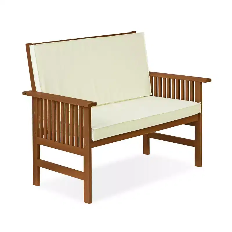 HOMLUX Patio Solid Wood Garden Bench 2-Seat Chair with Seat Cushion & Inclined Backrest