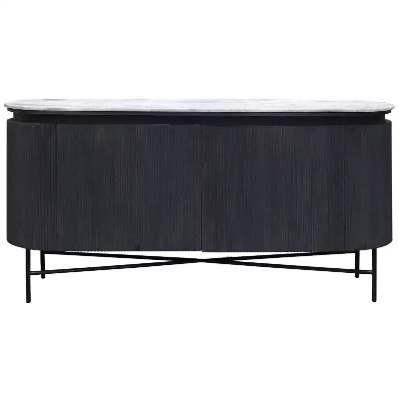 Granite Top and Metal Legs Racetrack Sideboard Cabinet White/Charcoal - : Mango Wood, Fixed Shelf, Luxury