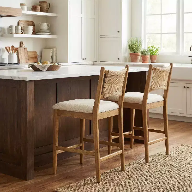 Set of 2 Modern Rubberwood Upholstered Counter Stools with Woven Rope Backrest, 300 lbs