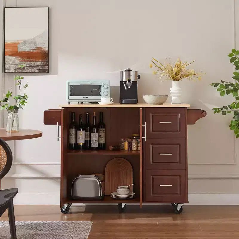 Okak Kitchen Island with Drop-Leaf Table, Kitchen Cart with 3 Drawers and 1 Shelf, Space-Saving Kitchen Island On Wheels for Dining Room