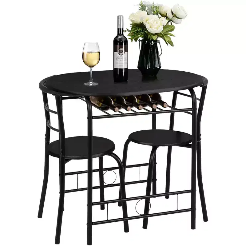 VINGLI 3 Piece Dining Set for 2,Kitchen Wooden Table and 2 Chairs for Small Space,Metal Frame,Wine Rack,Black