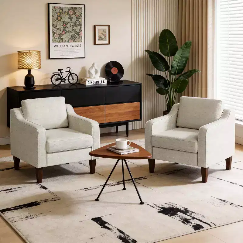 Beige Linen Fabric Upholstered Accent Armchair with Scooped Arms – Single Sofa Chair