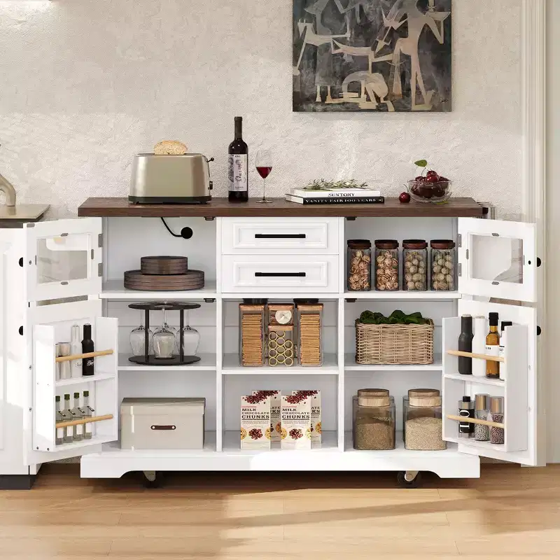 Okak Kitchen Island with Drop Leaf and Power Outlet, Kitchen Cart with 4 Door Shelves and Barn Doors, 4 Wheels Countertop Organizer for Kitchen, White