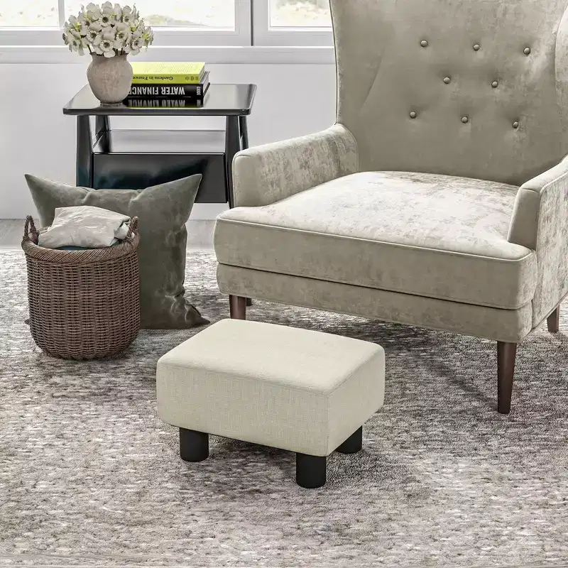 Small Ottoman Foot Rest, Foot Stool with Linen Fabric Upholstery and Plastic Legs, Cube Ottoman
