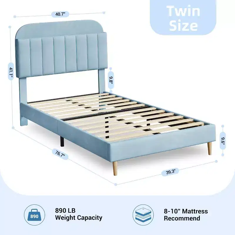 Velvet Bookcase Bed Frame  Twin/Twin XL/Full Kids Platform Bed w/ Storage Headboard, Heavy-Duty Steel Frame