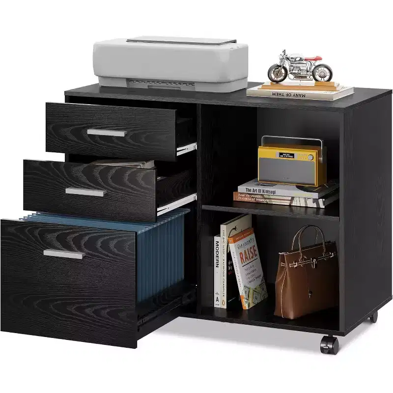 3-Drawer Wood Lateral Filing Cabinet, Mobile Printer Stand with Open Shelves for Home Office