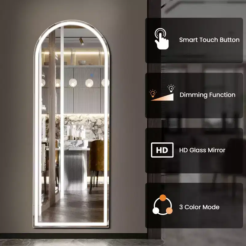 JIONJOY LED Light Arched Frameless Full Length Mirror with 3 Colors
