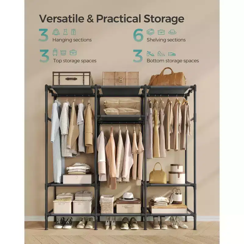 72 Inch Large Capacity Portable Closet, Heavy Duty Wardrobe Closet Organizer with Hanging Rails and Shelves, Ink Black