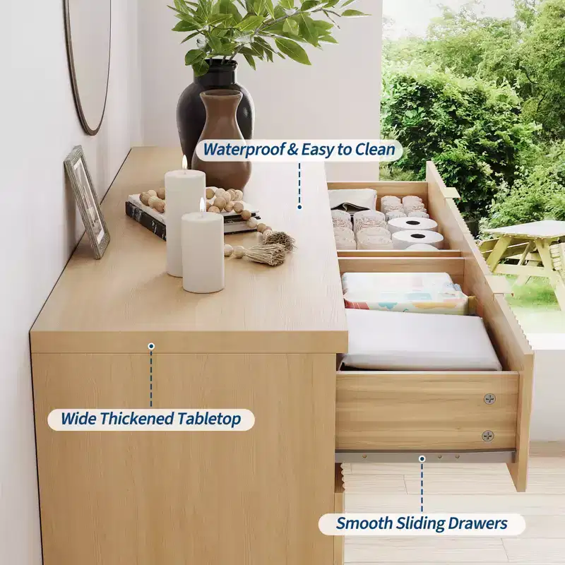 Spacious Storage Solution - 6 Drawer Dresser for Bedroom - Wide Fluted Chest with Gold Handles - Modern Organizer & TV Stand - Natural Oak
