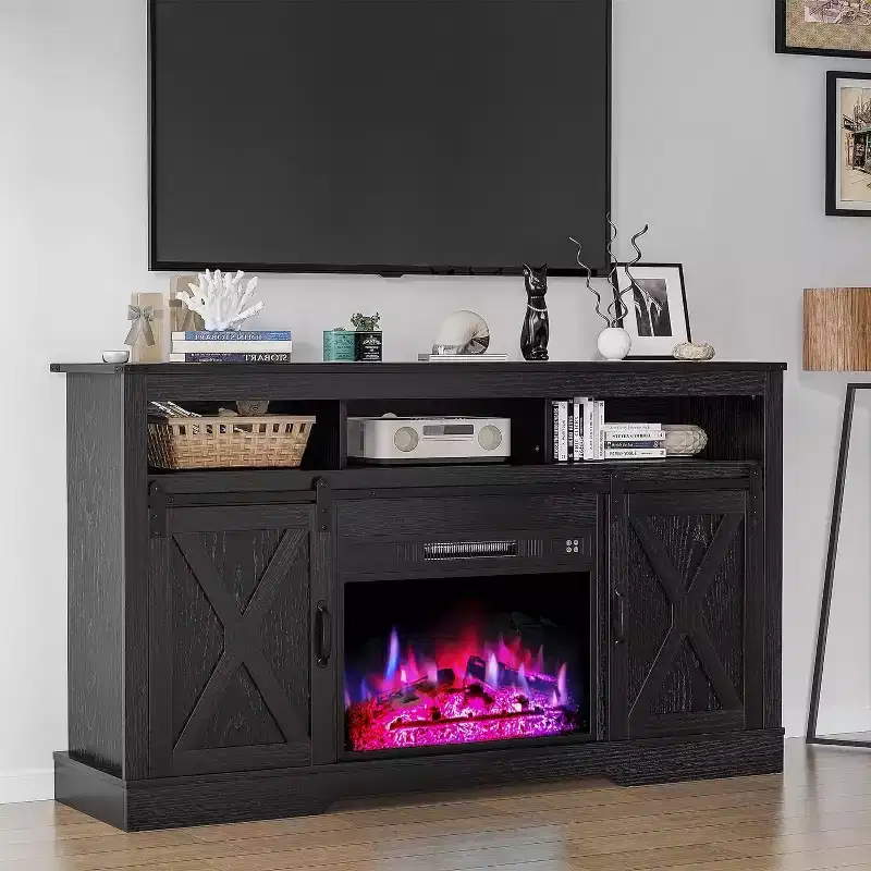 Heynemo Fireplace TV Stand for 65''+ TV, Entertainment Center with 23 Electric Fireplace with Remote & Sliding Bar Door for Living Room