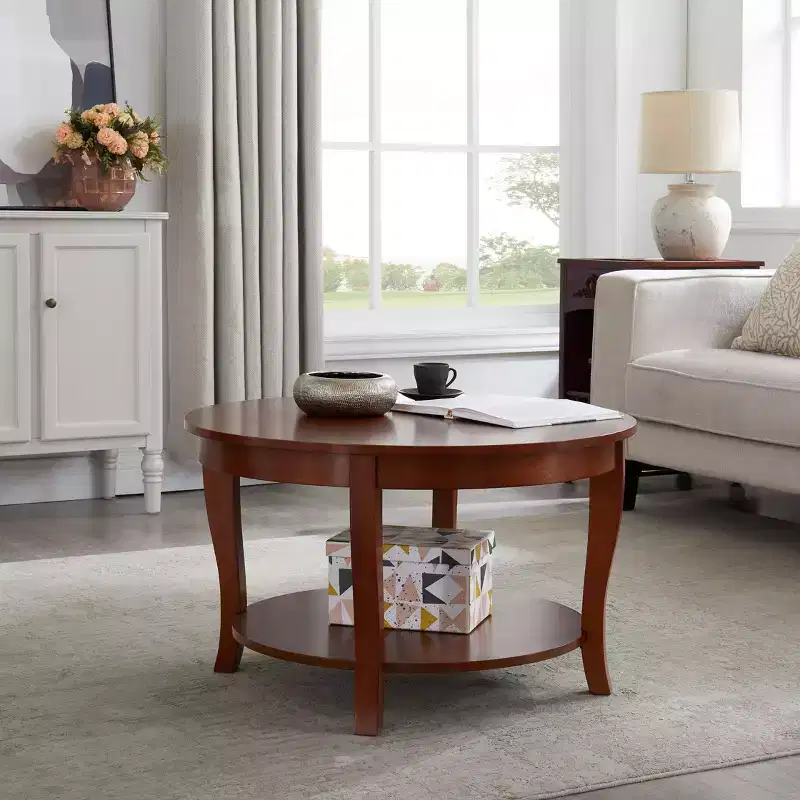 2-Tier Round Coffee Table with Open Shelf for Living Room