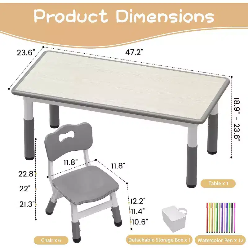 Kids Table and 6 Chairs Set with Graffiti Desktop, Height Adjustable Table Set for Ages 2-10, Children's Activity Table, for Daycare,Classroom & Home
