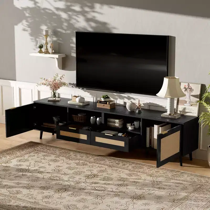 Rattan TV Stand for TVs up to 85 Inches with Storage Cabinets and Open Shelves