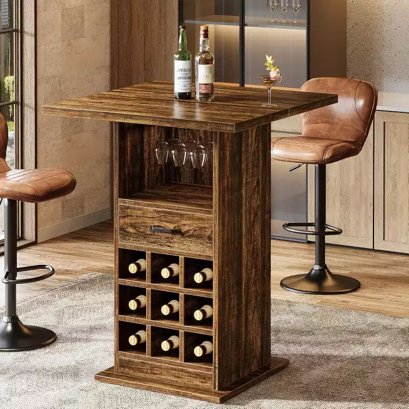 Lantine Square Bar Table, 39.37 H Industrial Cocktail Pub Table with Wine Rack, Home Bar Unit for Living Room, Kitchen