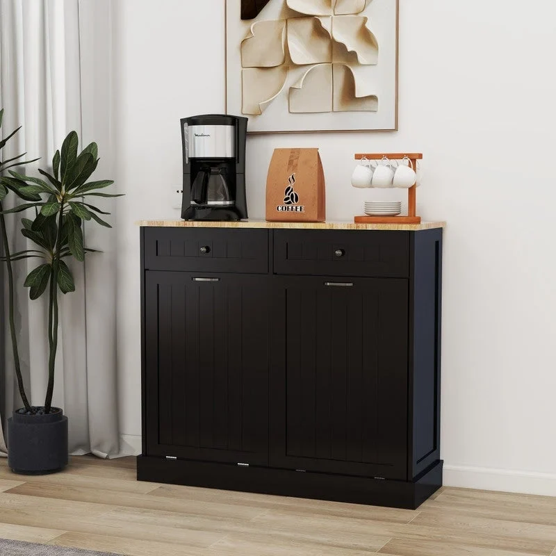 Tilt-Out Trash Cabinet with 2 Drawers – Black, MDF, Kitchen Storage