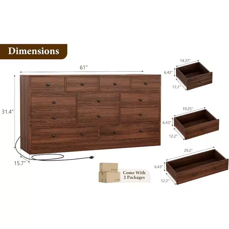 Acekool 12 Drawer Dresser with Power Outlets, Wooden Storage Chest Organizer for Bedroom, Living Room, Hallway, 61 Inch