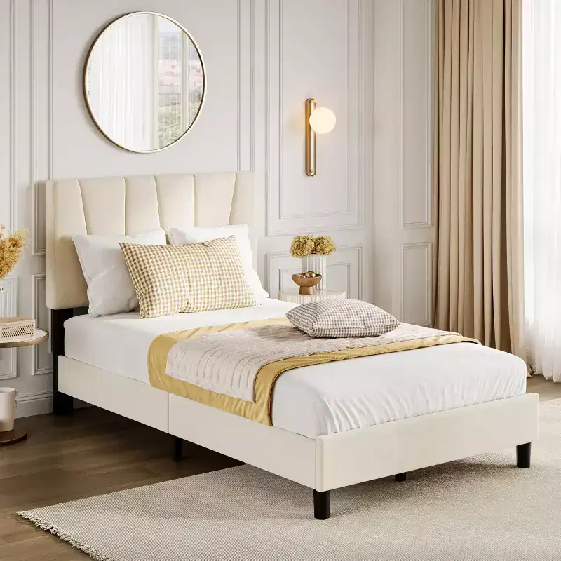 Twin Size Bed Frame with Adjustable Headboard, Velvet Upholstered Tufted Twin Platform Bedframe with Strong Wooden Slats, No Box Spring Needed