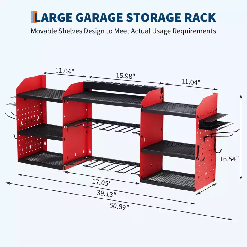 Power Tool Organizer Wall Mount, Heavy Duty 4-Layer Garage Rack, 8 no cord Drill Storage Shelf with Hooks, Drill Bit Shelf Battery Storage Holder