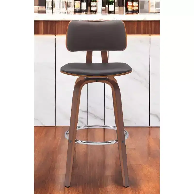 HomeRoots 30 Brown And Wood Brown Faux Leather Swivel Low Back Bar Height Bar Chair