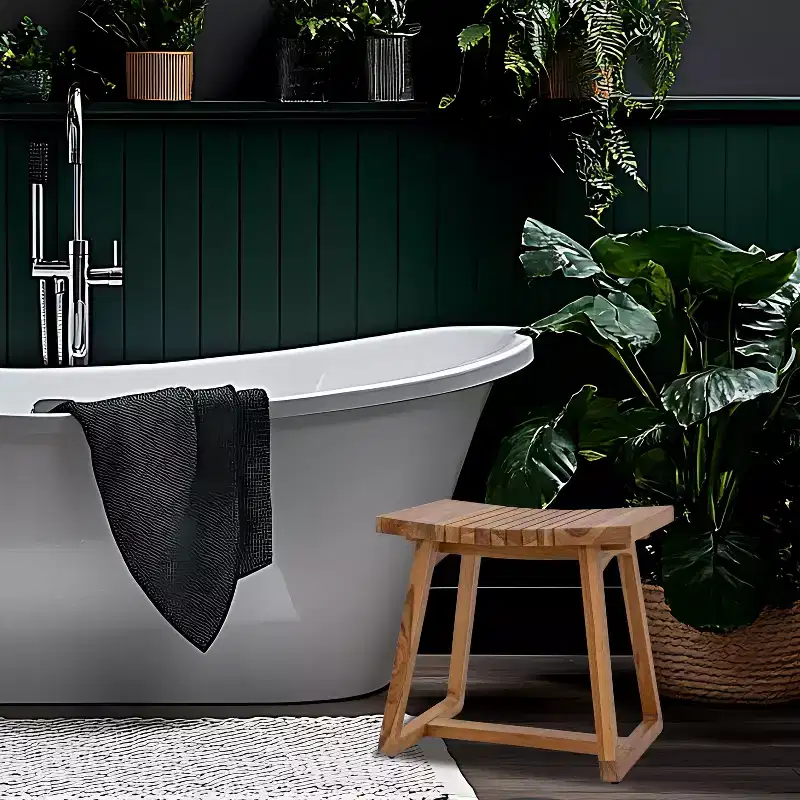 Sunnydaze 19 Solid Teak Wood Shower Bench with Ergonomic Curved Design